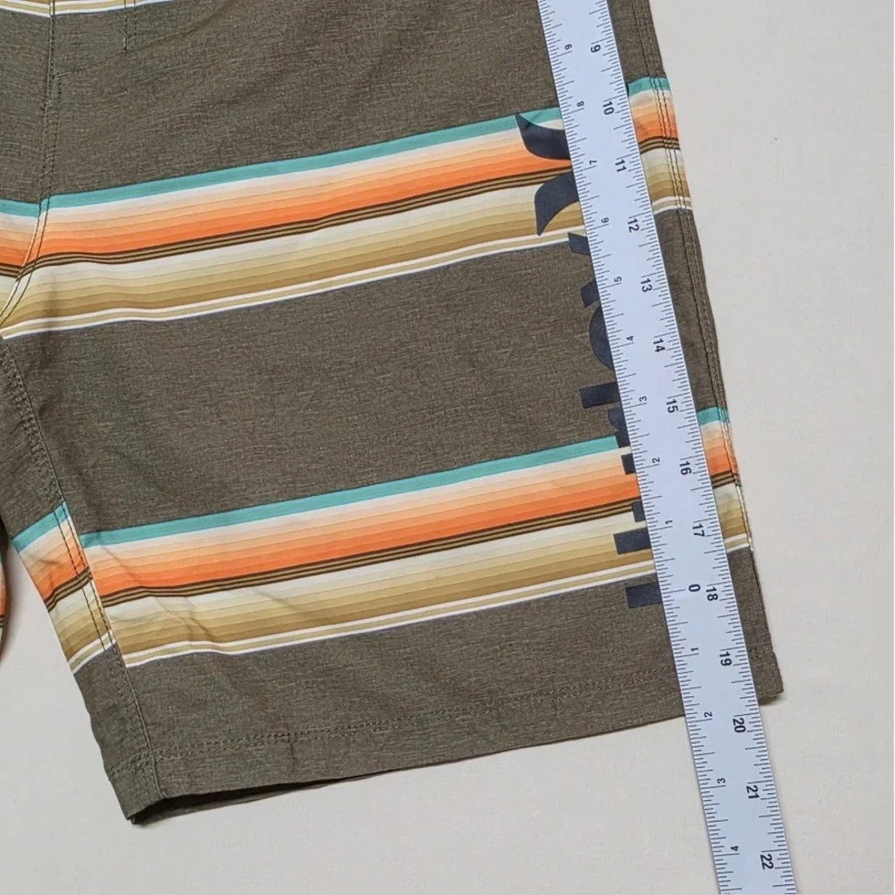 Hurley Mens Board Shorts Size 32 Olive Green Striped Surf Swim Trunks Drawstring